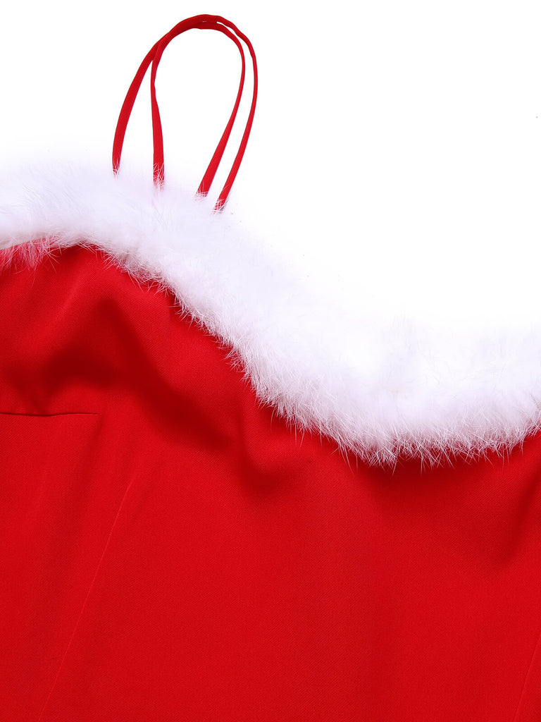 Red 1950s Christmas Poinsettia Shaggy Trimmed Dress