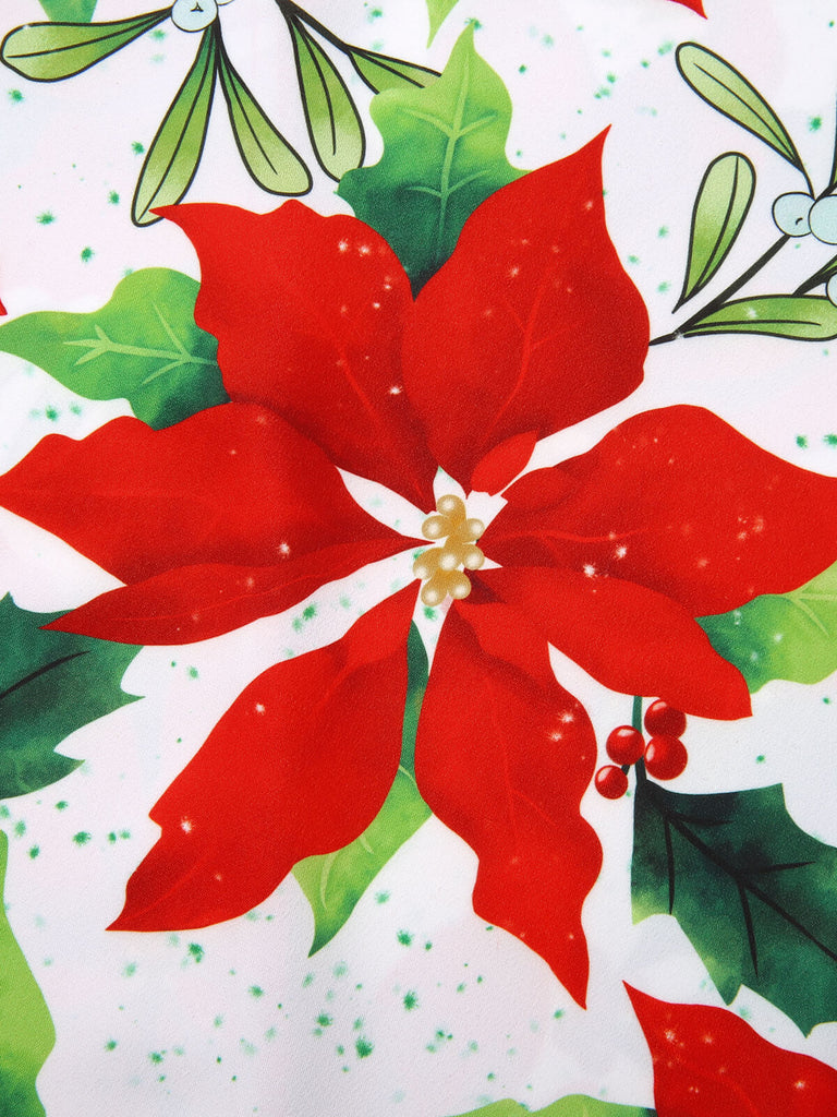 Red 1950s Christmas Poinsettia Shaggy Trimmed Dress