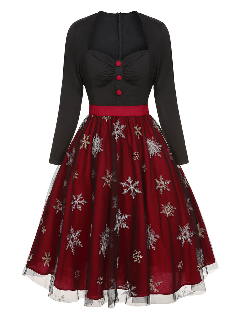 Black&Red 1950s Christmas Snowflake Mesh Dress