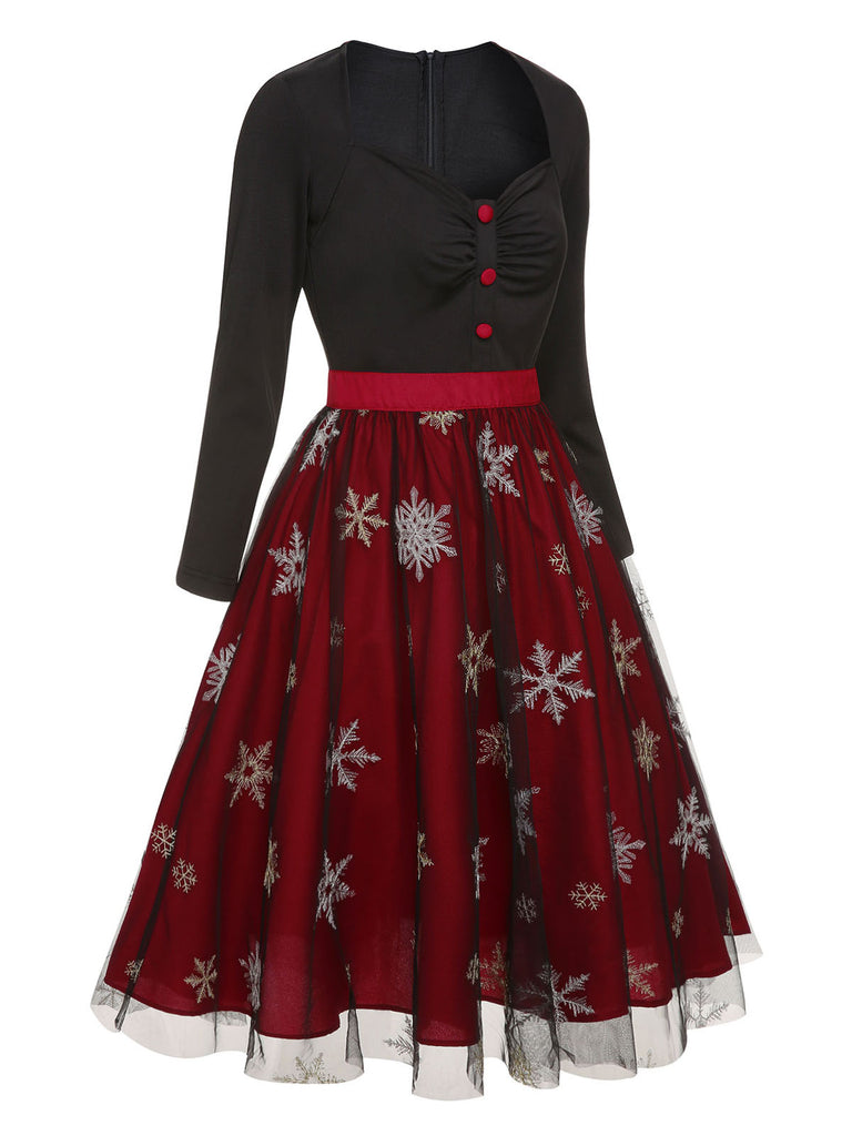 Black&Red 1950s Christmas Snowflake Mesh Dress