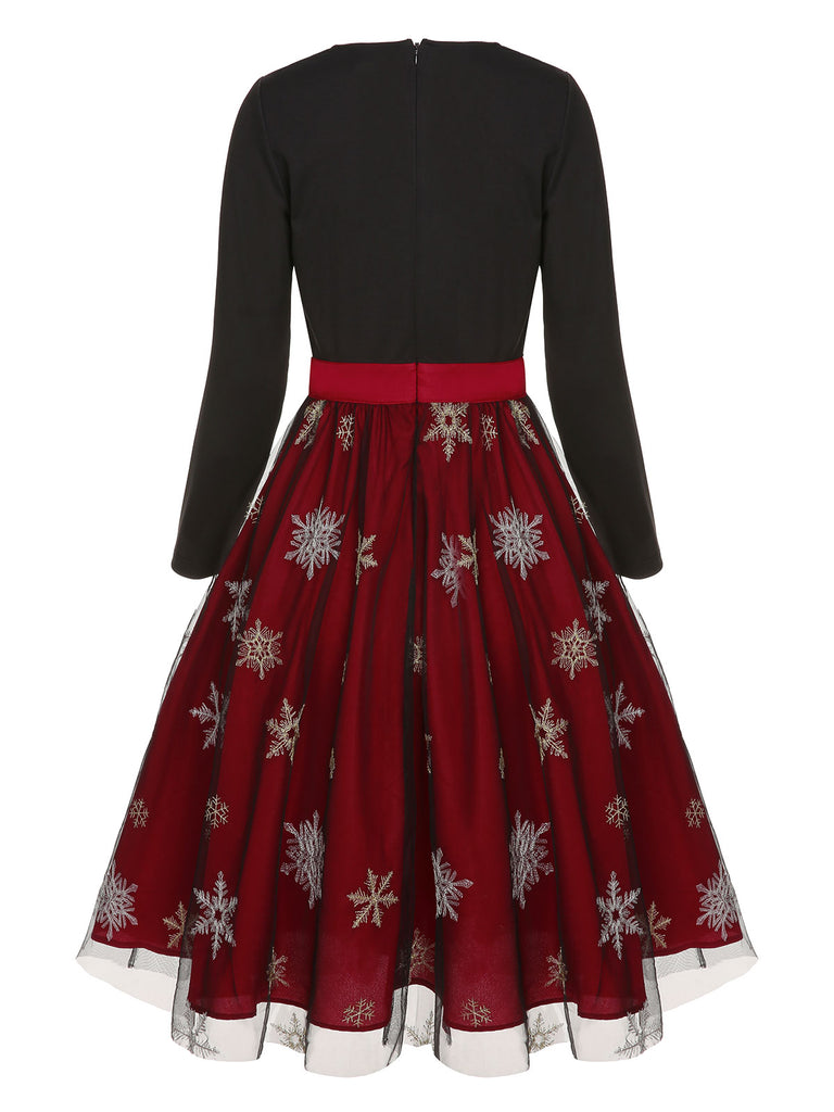 Black&Red 1950s Christmas Snowflake Mesh Dress