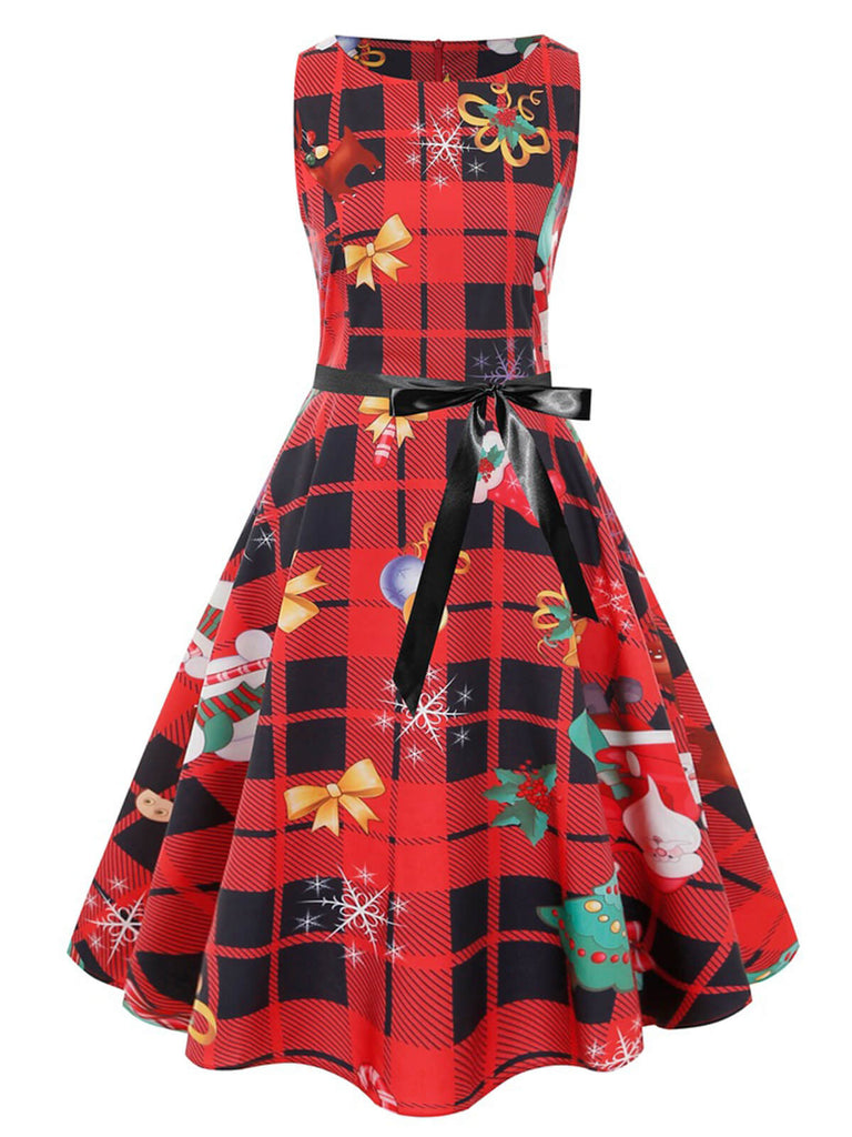 1950s Christmas Plaid Bow Sleeveless Dress