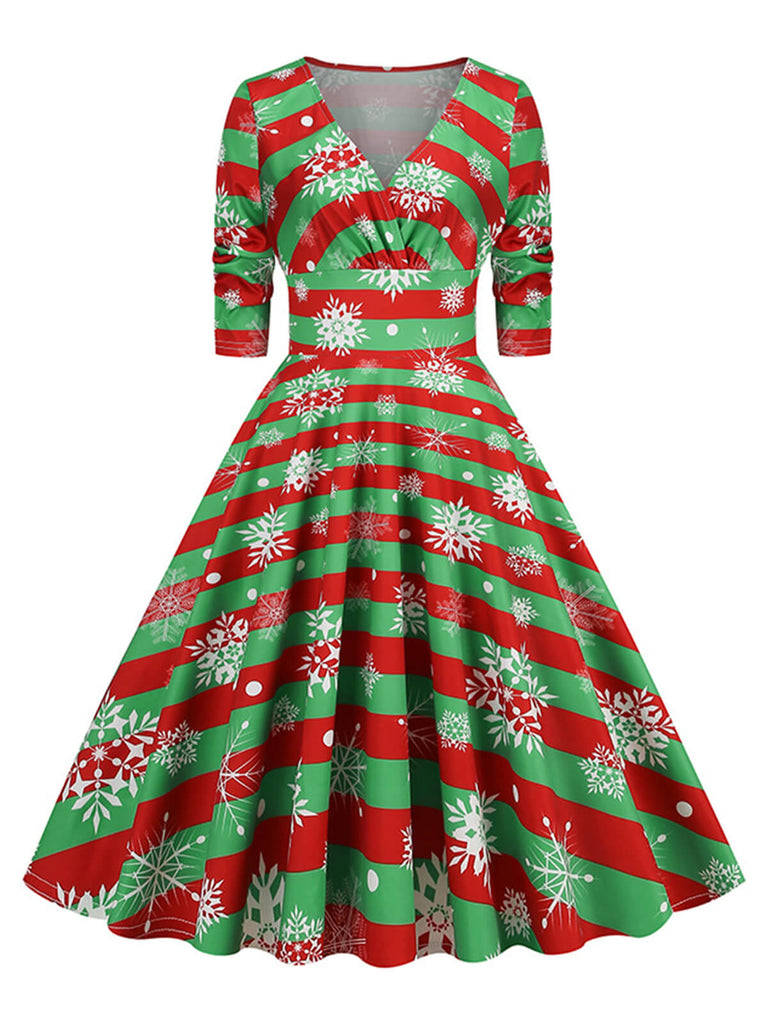 1950s Christmas V-Neck Mid-Sleeve Dress