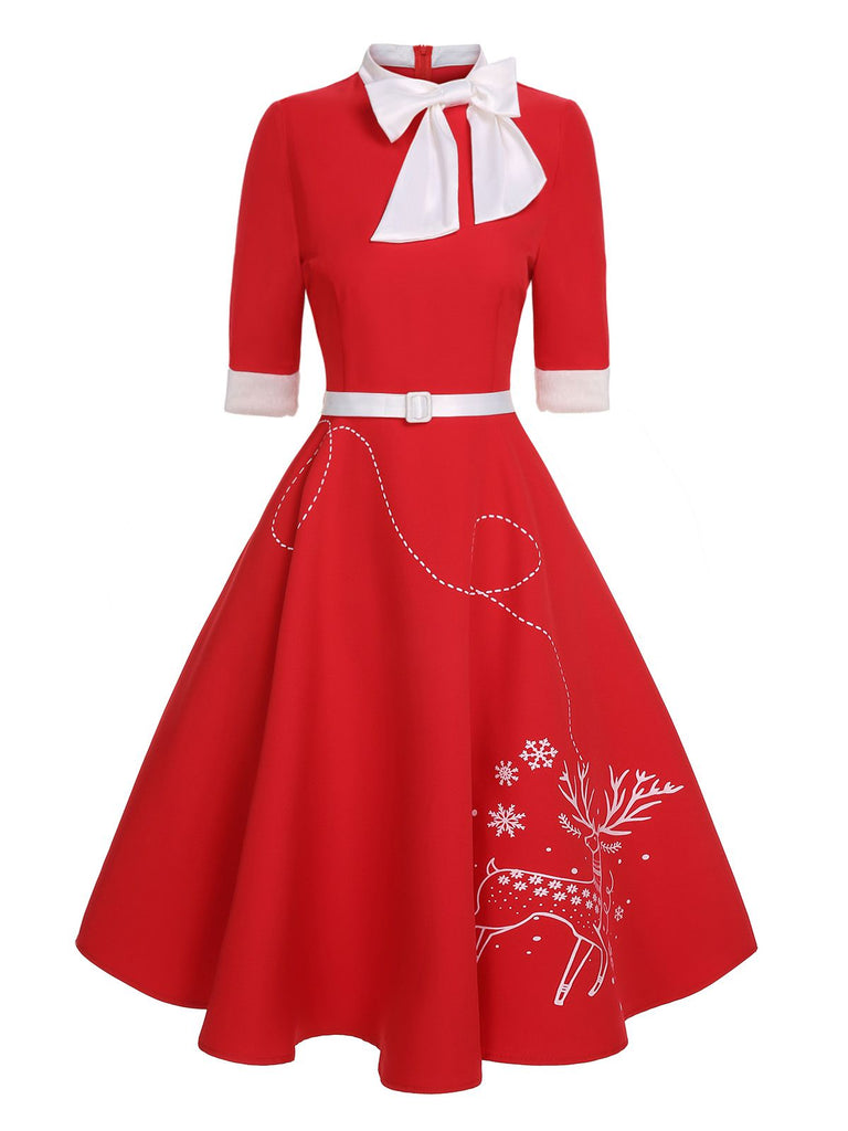 Red 1950s Elk Bow Patchwork Belt Dress