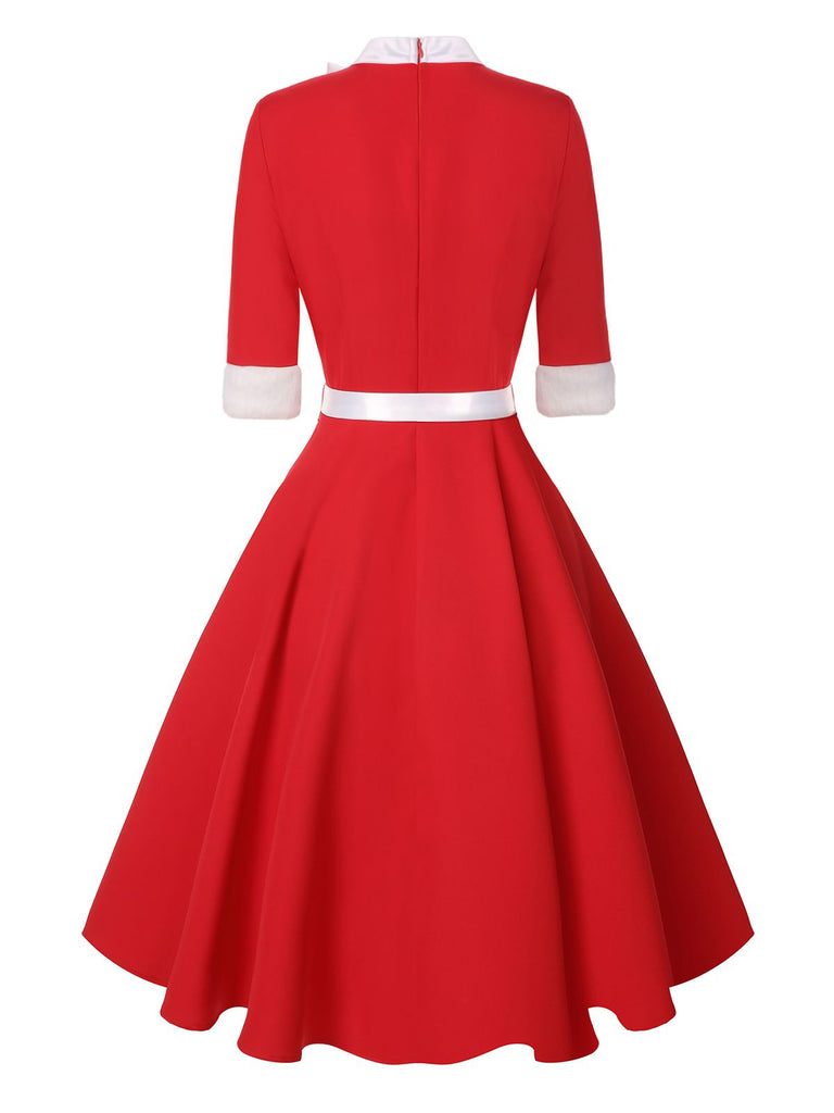 Red 1950s Elk Bow Patchwork Belt Dress