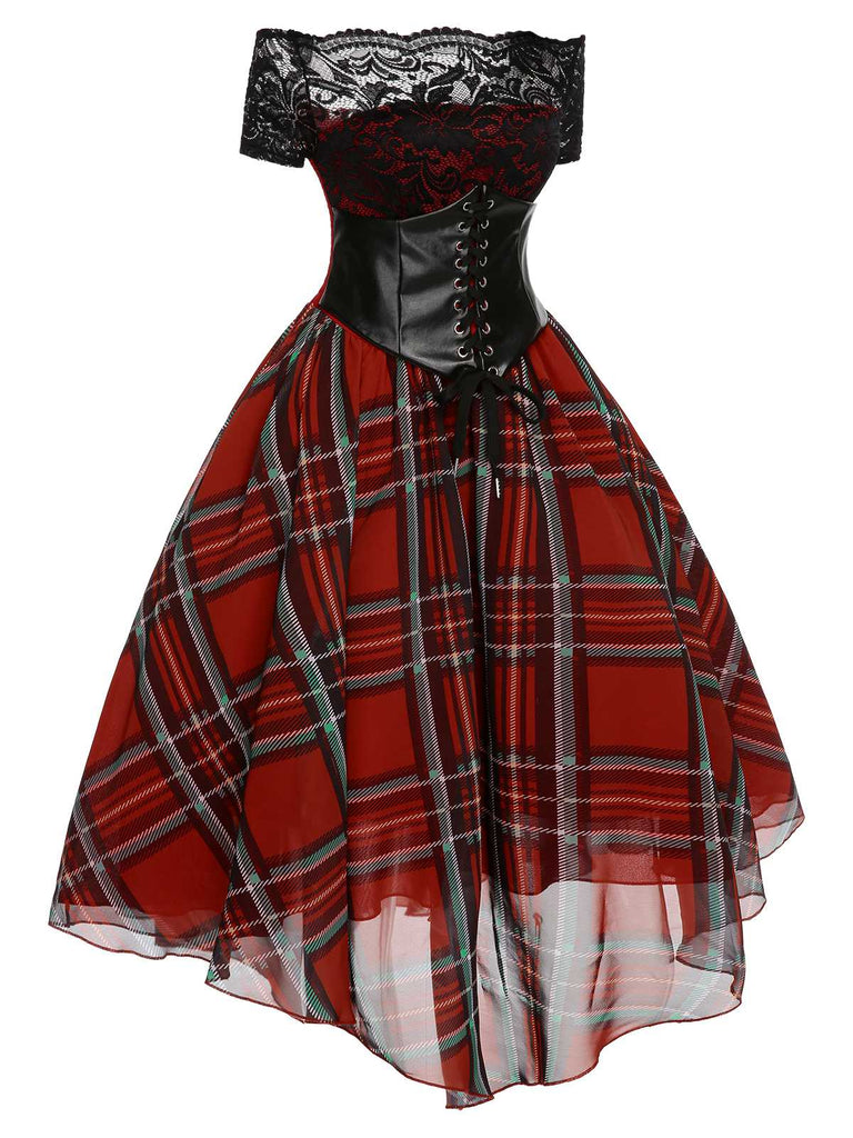 Red 1950s Christmas Plaid Girdle Dress