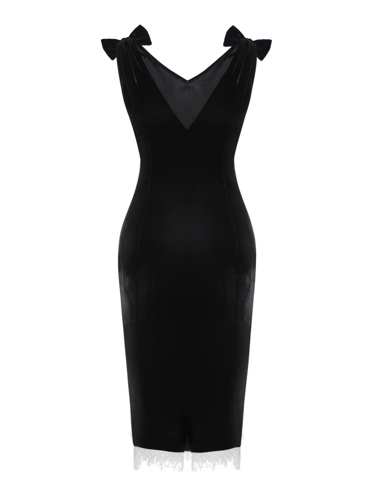Black 1960s Solid Velvet Bow Dress