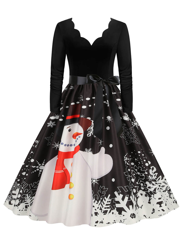 Christmas 1950s V-Neck Long Sleeve Patchwork Dress