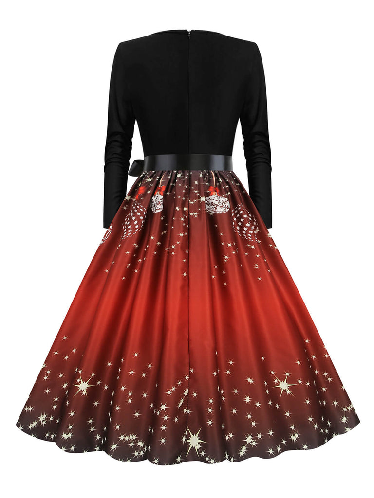 Christmas 1950s V-Neck Long Sleeve Patchwork Dress