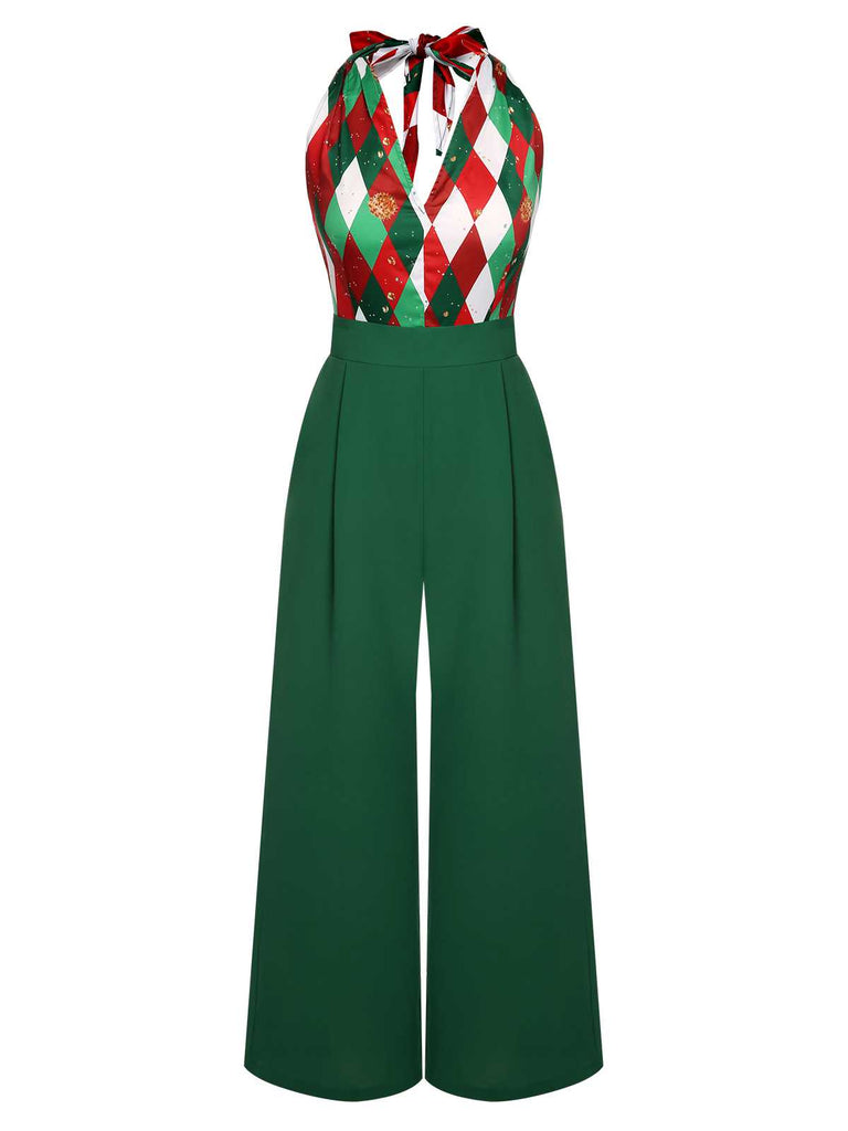 Green 1930s Christmas Plaid Lace Patchwork Jumpsuit