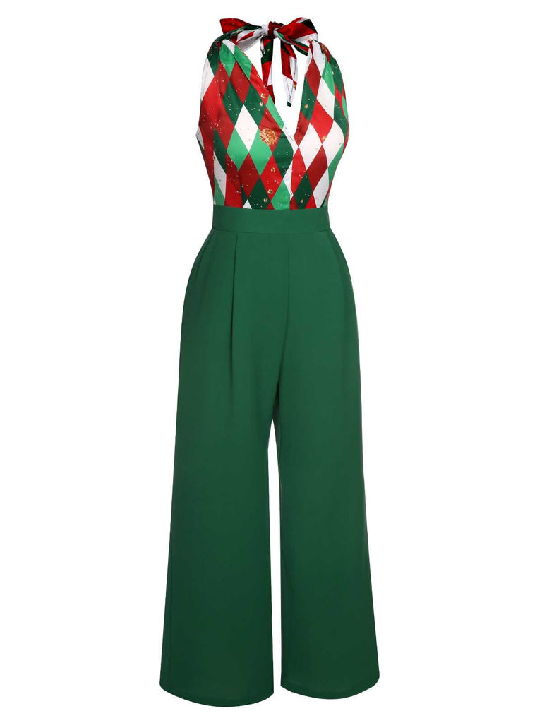 Green 1930s Christmas Plaid Lace Patchwork Jumpsuit