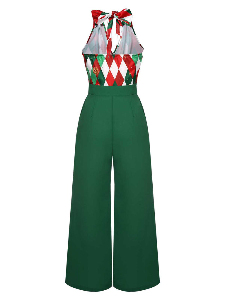 Green 1930s Christmas Plaid Lace Patchwork Jumpsuit