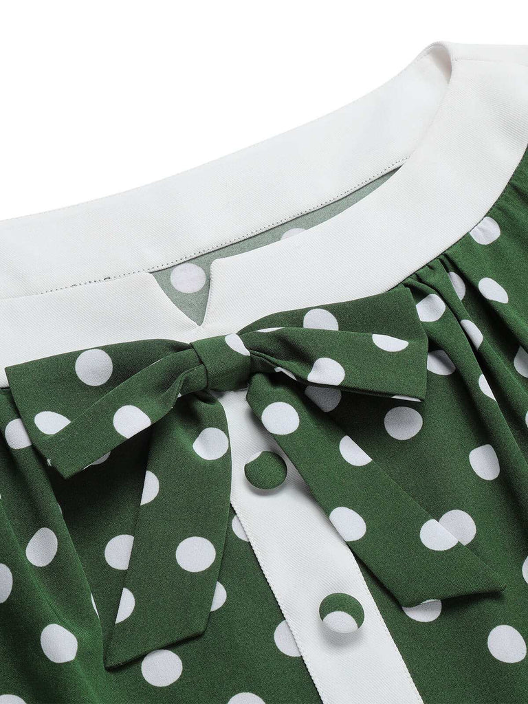 Green 1940s Polka Dot Bowknot Patchwork Dress