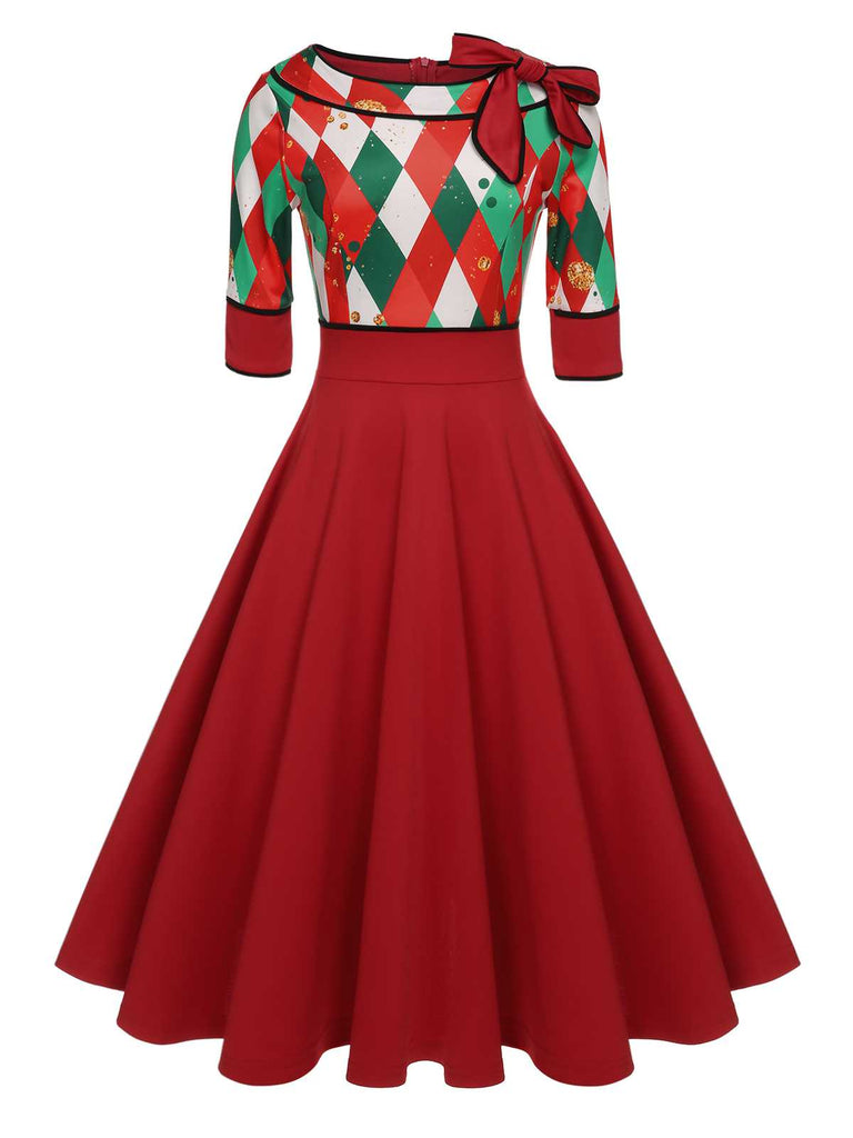 Red 1950s Christmas Plaids Bow Decor Dress