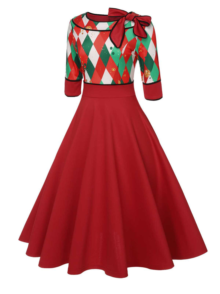 Green 1950s Christmas Plaid Patchwork Dress