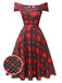 Red 1950s Christmas Plaid Off-Shoulder Dress