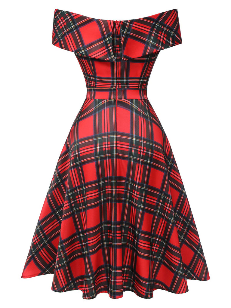 Red 1950s Christmas Plaid Off-Shoulder Dress