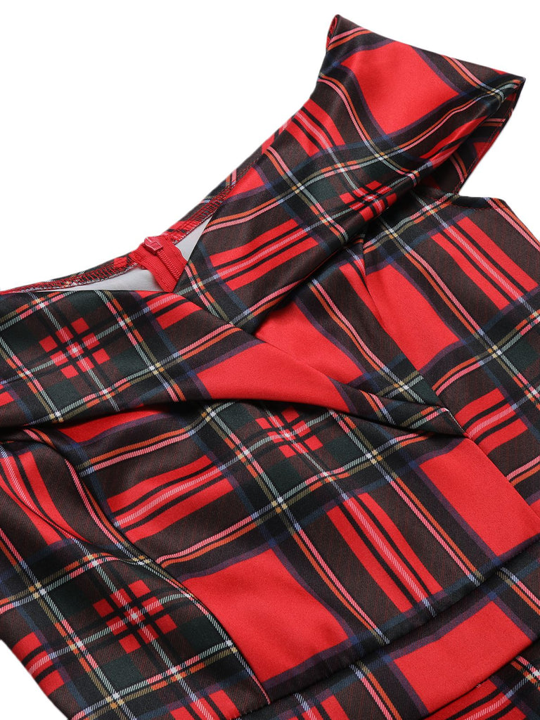 Red 1950s Christmas Plaid Off-Shoulder Dress
