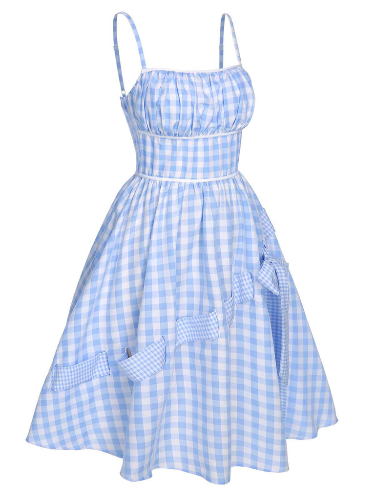 Blue 1950s Spaghetti Strap Plaids Bow Decor Dress