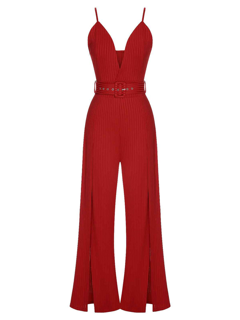 1930s Deep V-Neck Spaghetti Strap Wide-Leg Jumpsuit
