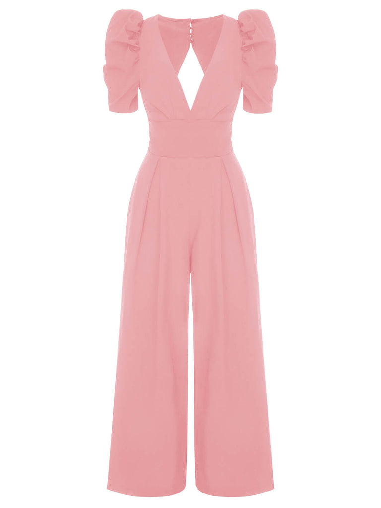 1930s Solid Deep V Puff Sleeves Jumpsuit
