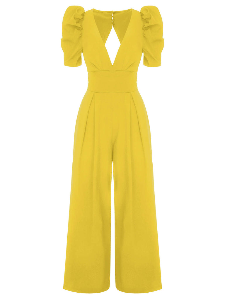 1930s Solid Deep V Puff Sleeves Jumpsuit