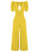 1930s Solid Deep V Puff Sleeves Jumpsuit