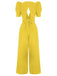 1930s Solid Deep V Puff Sleeves Jumpsuit
