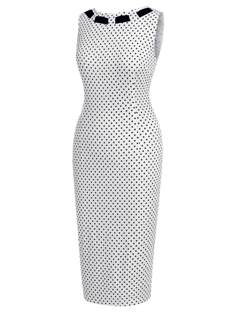 White 1960s Polka Dot Button Pencil Dress