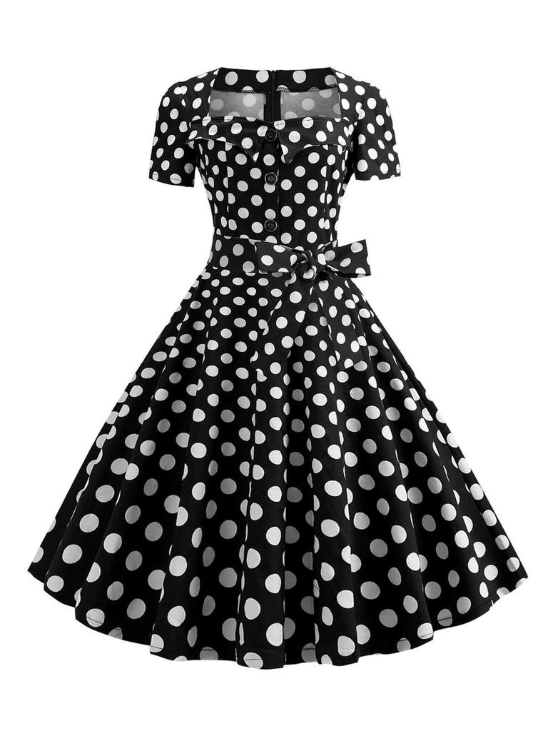 1950s Square Neck Short Sleeves Dress With Accessories Set