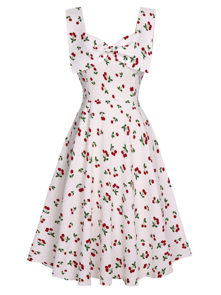 White 1950s Cherry Bow Sweetheart Neck Dress