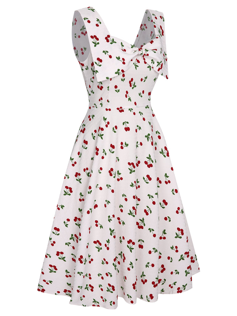 White 1950s Cherry Bow Sweetheart Neck Dress