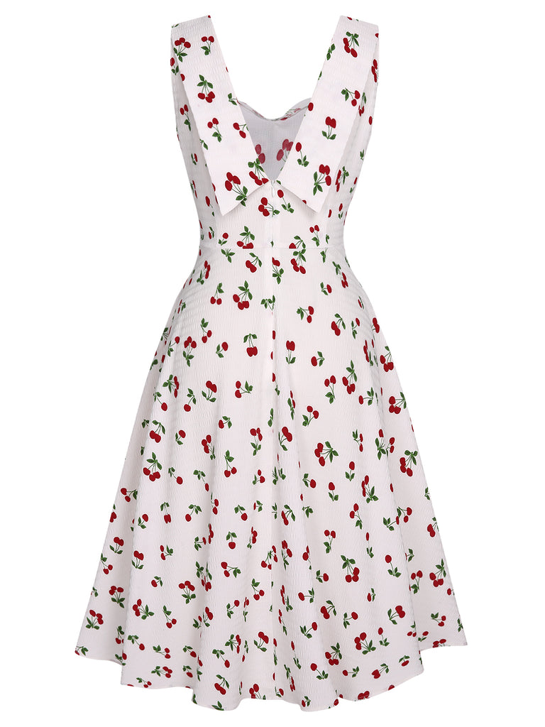 White 1950s Cherry Bow Sweetheart Neck Dress