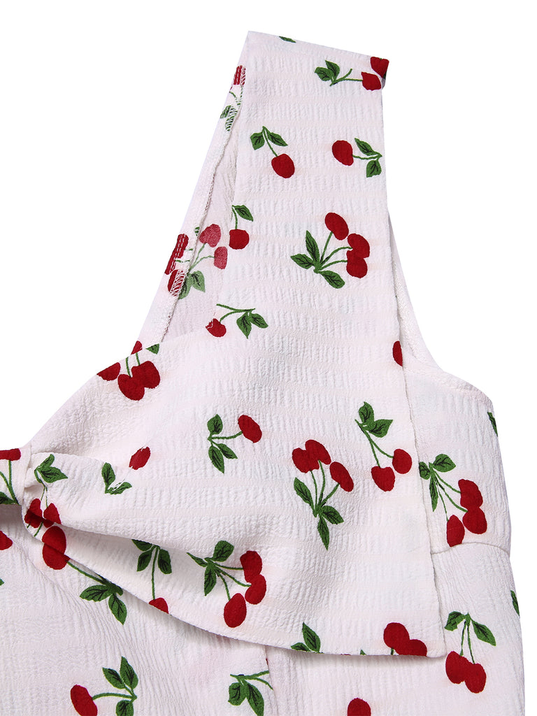 White 1950s Cherry Bow Sweetheart Neck Dress