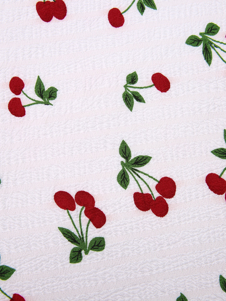 White 1950s Cherry Bow Sweetheart Neck Dress