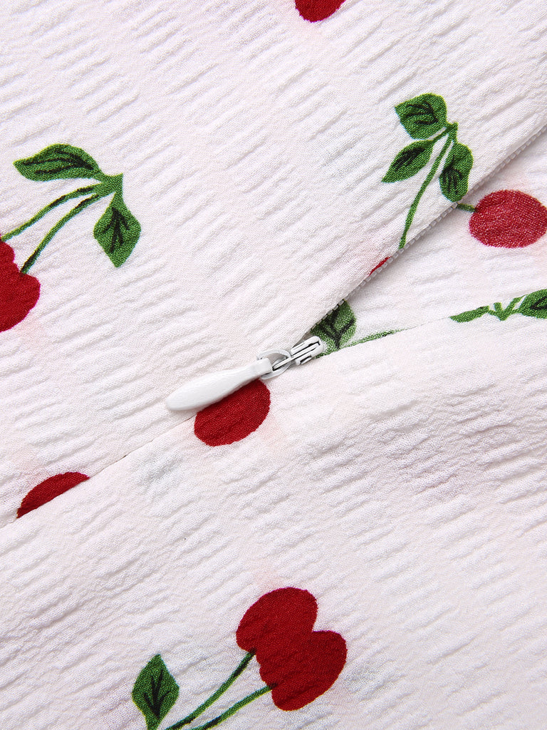 White 1950s Cherry Bow Sweetheart Neck Dress