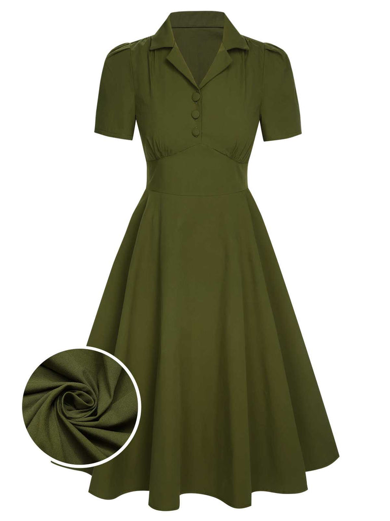Green 1940s Lapel Buttoned Solid Dress