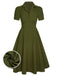 Green 1940s Lapel Buttoned Solid Dress