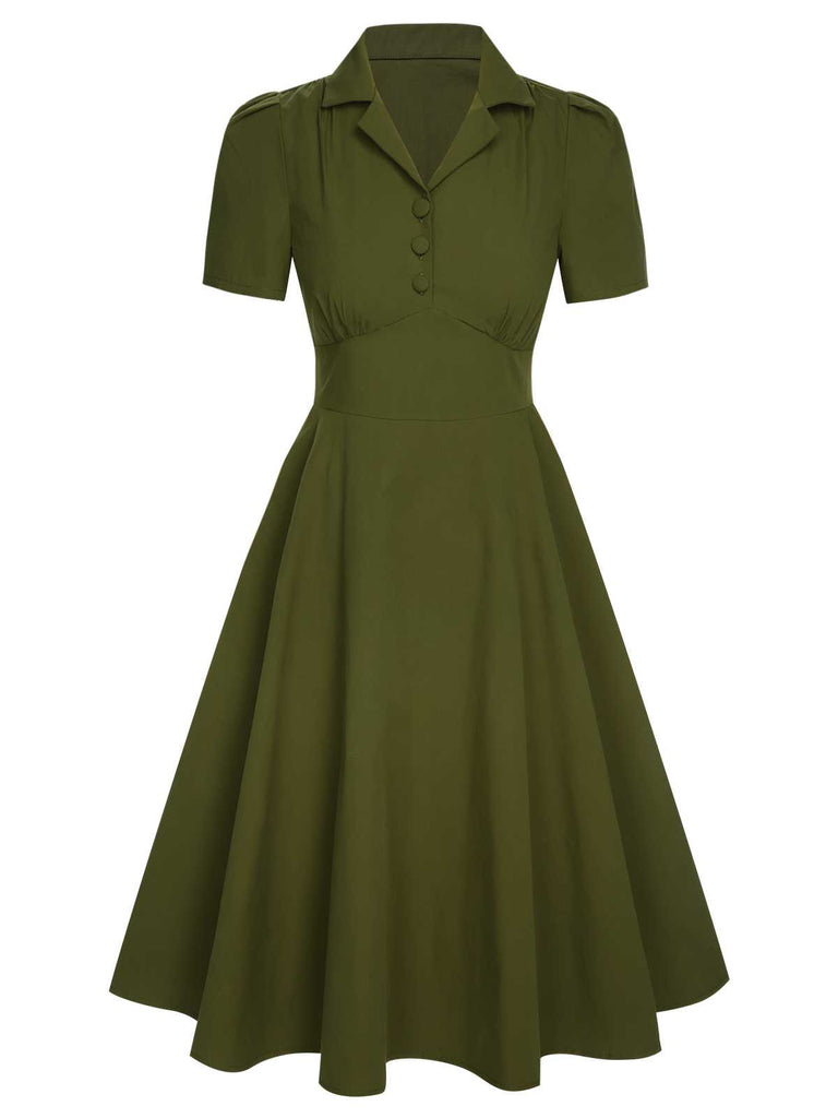 Green 1940s Lapel Buttoned Solid Dress