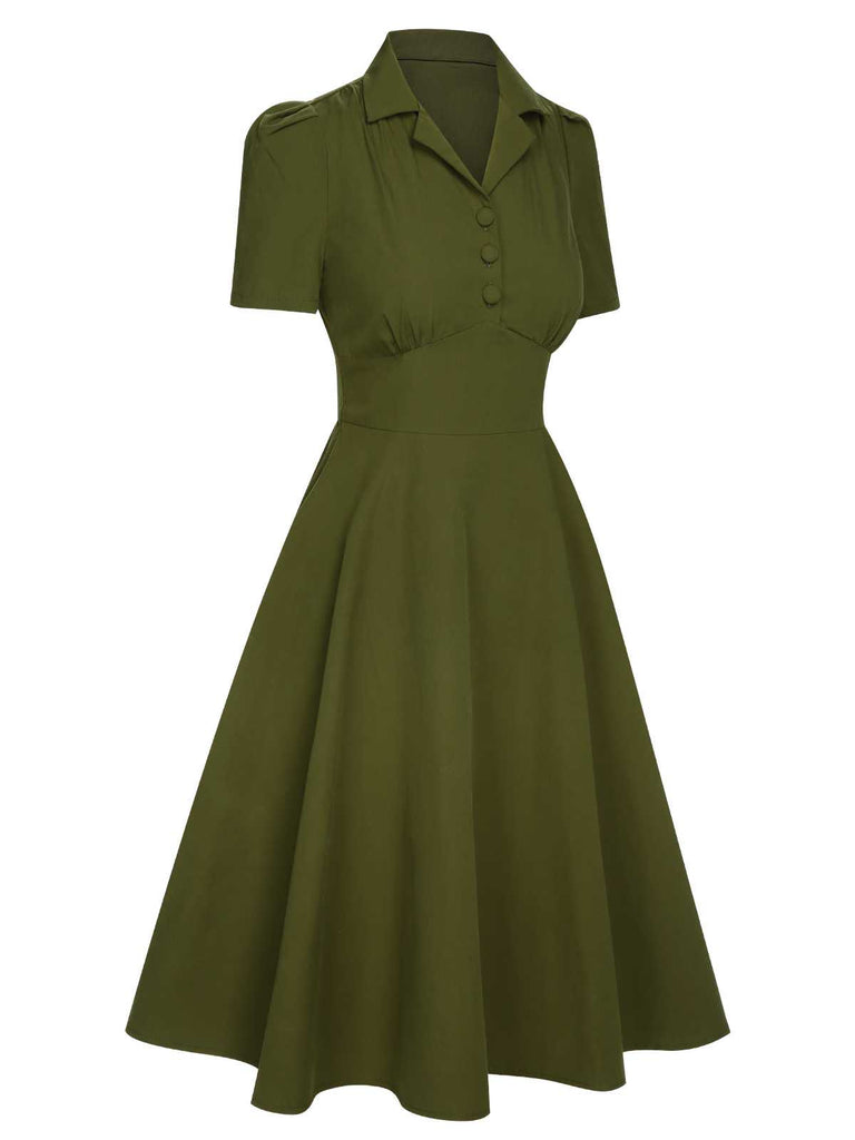 Green 1940s Lapel Buttoned Solid Dress