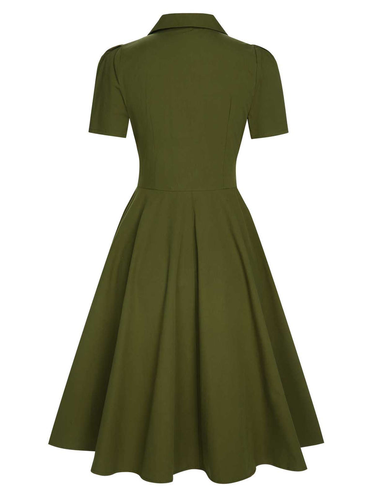 Green 1940s Lapel Buttoned Solid Dress
