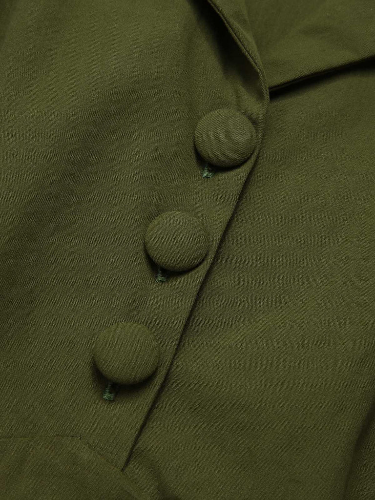 Green 1940s Lapel Buttoned Solid Dress