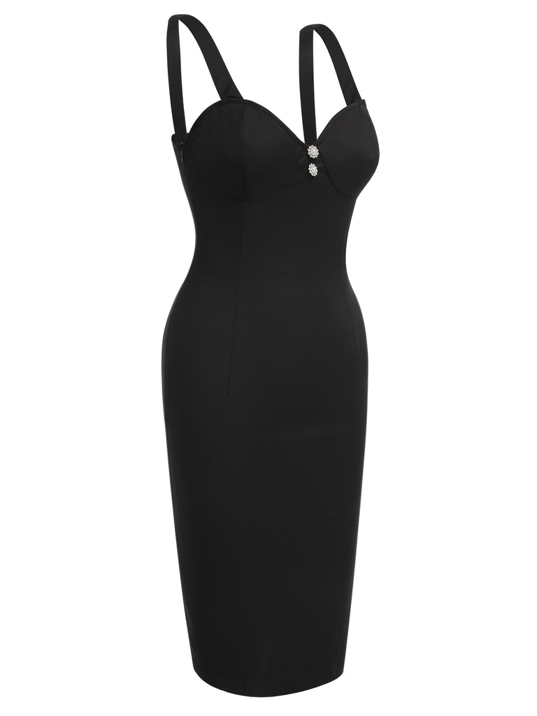 Black 1960s Solid Pearl Buttons Suspender Dress