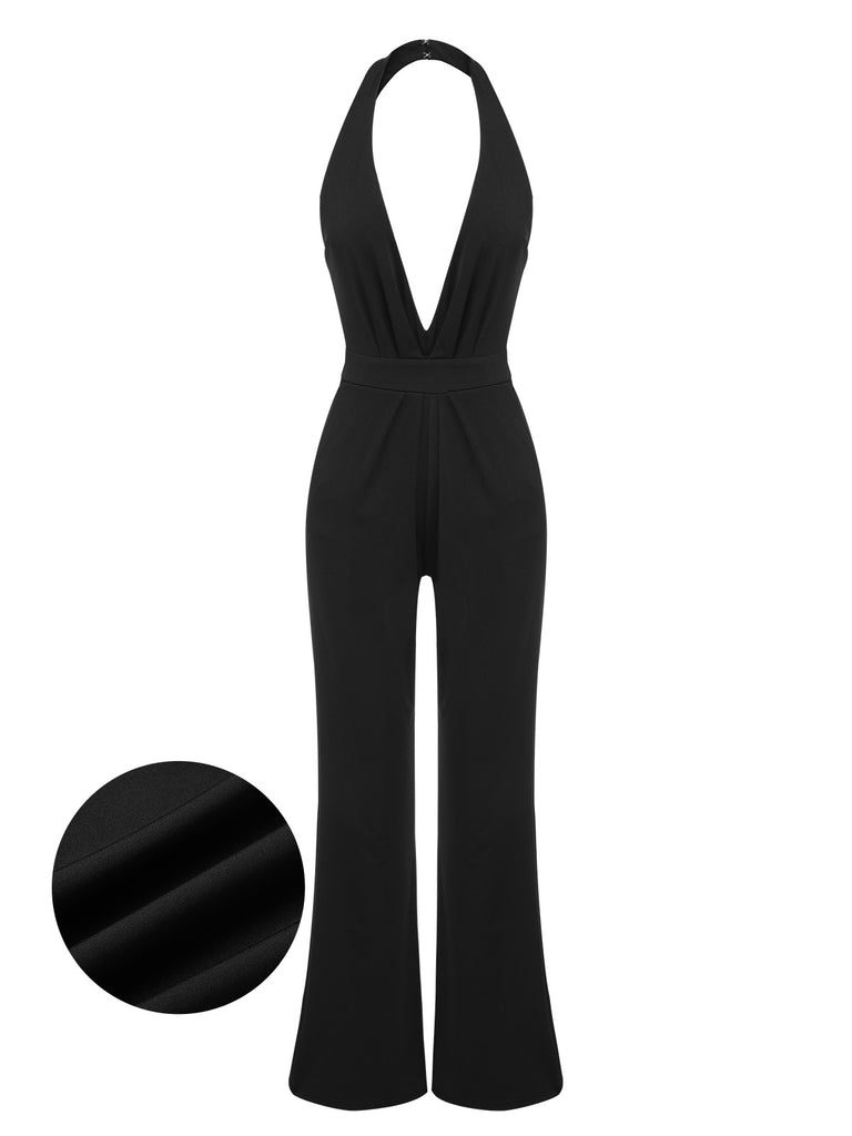 Black 1930s Halter Deep V-Neck Jumpsuit