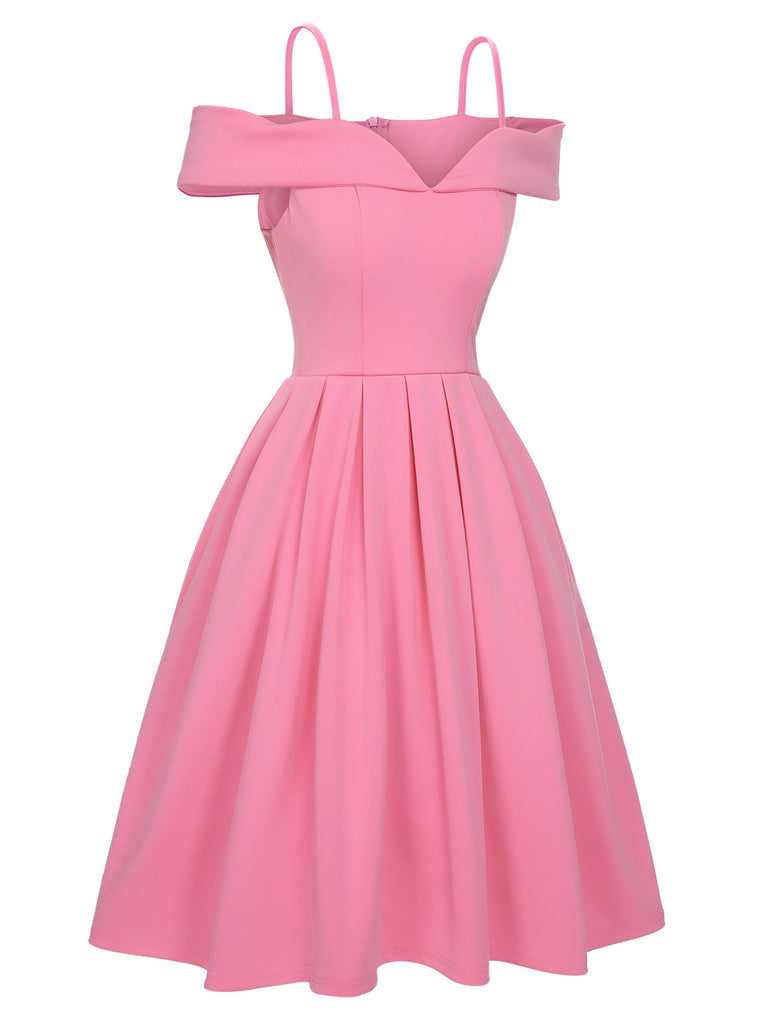 Pink 1950s Cold Shoulder Solid Dress