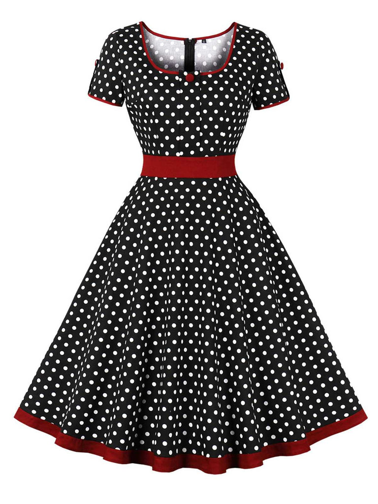 1950s Contrast Polka Dots Buttoned Dress
