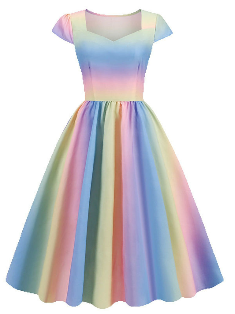 1950s Rainbow Gradient Sweetheart Cap Sleeved Dress