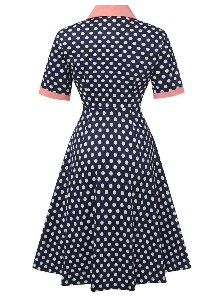 Dark Blue 1950s Polka Dot Lapel Dress