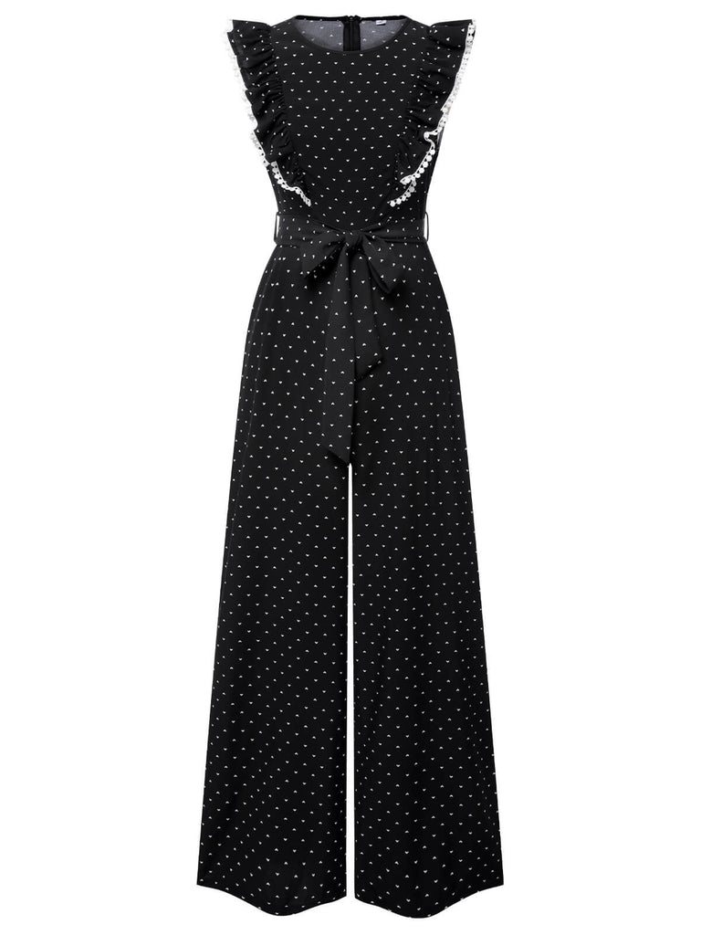 Black 1950s Polka Dots Ruffle Sleeveless Jumpsuit