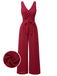 Red 1930s Solid Wasit Tie V-Neck Jumpsuit
